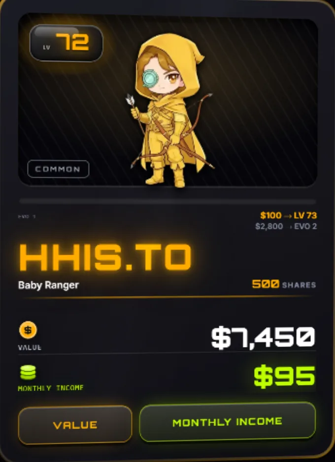 A fund’s card in IncomeRPG: a Baby Ranger creature at level 72, with the fund’s value and monthly income
