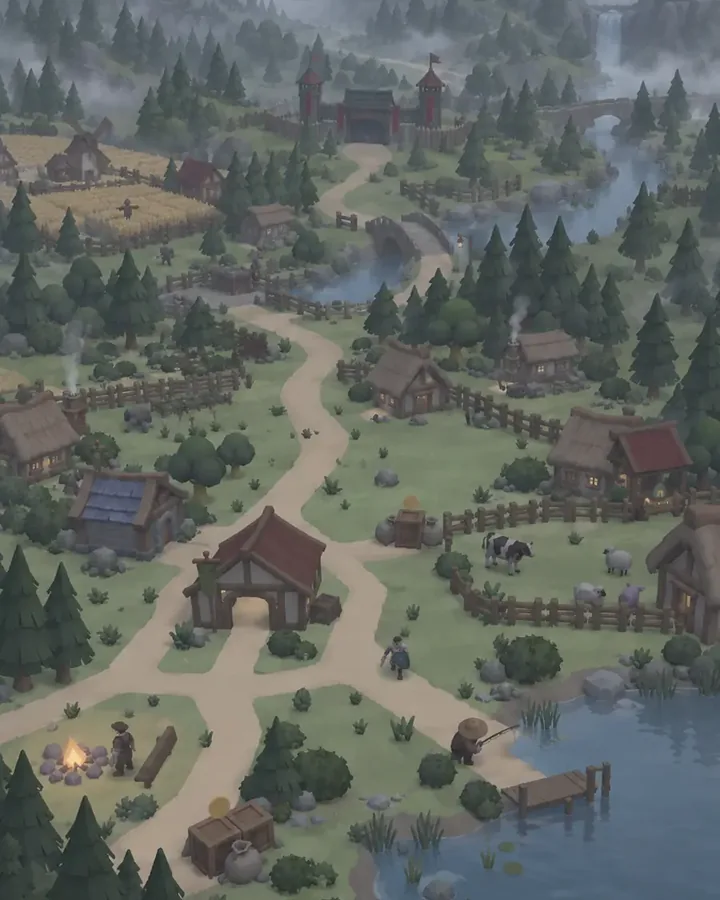 Kingdom Brawl Tycoon, IncomeRPG’s 3D village game, seen from above