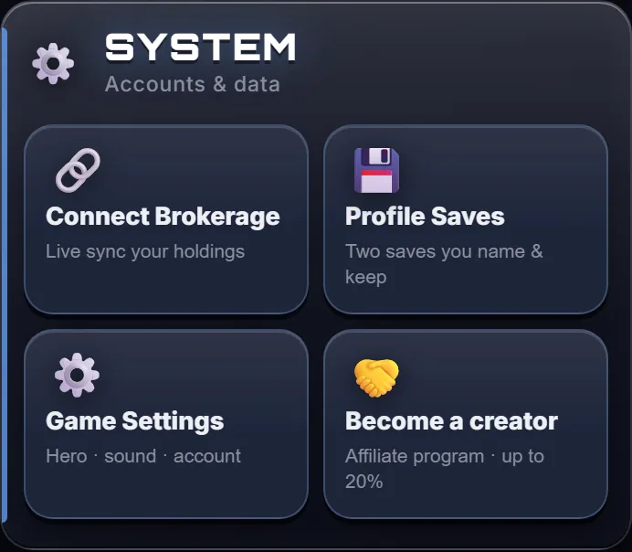 The Game Menu's System section with the Become a creator tile