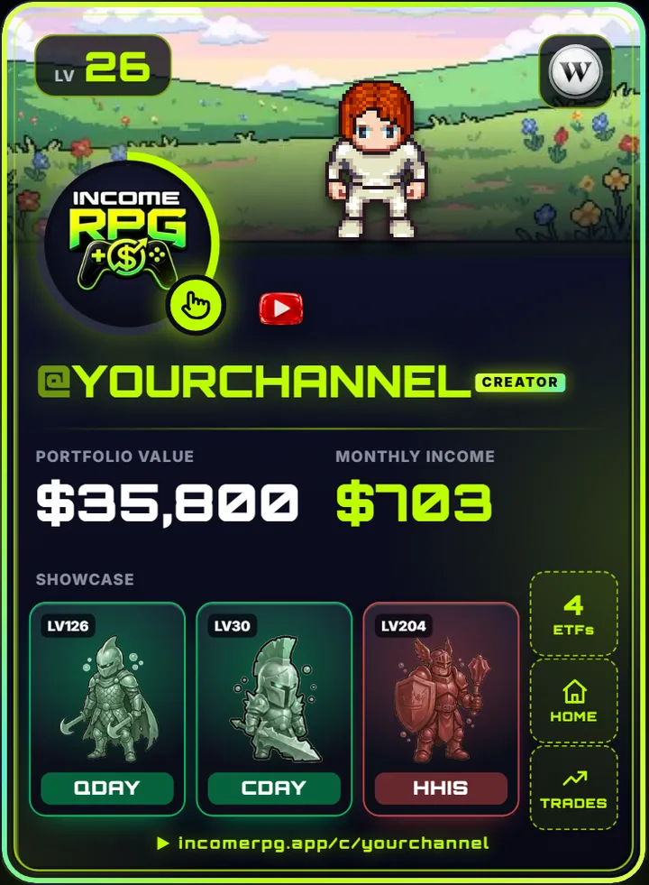 A hero card in the Creator frame, with the creator's link printed under the cards